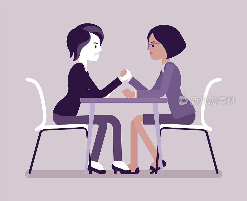 Arm wrestling between two business opponents, businesswomen in competition